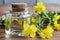 A bottle of evening primrose oil with evening primrose flowers