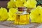 A bottle of evening primrose oil with fresh blooming evening pri