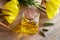 A bottle of evening primrose oil with fresh evening primrose flo