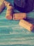 Bottle of French wine and corks close up