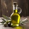 Bottle of fresh extra virgin olive oil and green olives with leaves on rustic background, generative AI.