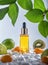 The bottle of fruit cosmetic moisturizing oil with white stones and fruits