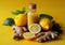 Bottle of ginger lemon turmeric shot juice with ingredients on yellow background.Macro.AI Generative