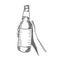 Bottle in a girl female hand. Glass bottle with a label. Sketch hand drawn. Hatched drawing picture. Gray pencil. Vector
