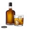 Bottle and glass alcohol isolated on white background. Realistic strong drink. Cognac, whiskey, brandy, scotch, bourbon.