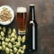 Bottle and Glass beer with Brewing ingredients. Hop flower with wheat. Top view. Copy space. Still life. Flat lay