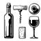 Bottle, glass, corkscrew, cork. Side and top view. Black and white vintage illustration for label, poster of wine, web, set