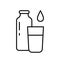 Bottle, glass, drop. Linear icon of water, milk, cocktail. Black illustration of pour liquid into container. Contour isolated