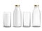 Bottle and glass milk. Milky realistic bottles glasses empty and full dairy beverage product. Cup with yogurt or kefir morning