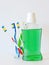 Bottle and glass of mouthwash on bath shelf with toothbrush. Dental oral hygiene concept. Set of oral care products