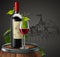 Bottle, glass of red wine and branch of grapes  on a wooden barrel. 3D vector. High detailed realistic illustration