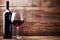 Bottle and a glass of red wine on rustic wooden background, wine tasting and winery, post-processed, generative ai