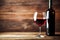 Bottle and a glass of red wine on rustic wooden background, wine tasting and winery, post-processed, generative ai