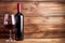 Bottle and a glass of red wine on rustic wooden background, wine tasting and winery, post-processed, generative ai