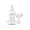 Bottle and glass vermouth in hand drawn style. Restaurant illustration for celebration design. Retro sketch. Line art. Design