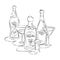 Bottle and glass vermouth tequila martini together in hand drawn style. Beverage outline icon. Restaurant illustration for