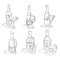 Bottle and glass vermouth, wine, martini, champagne, tequila, whiskey together in hand drawn style. Beverage outline icon.