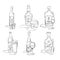 Bottle and glass vodka, whiskey, liquor, beer, wine, rum together in hand drawn style. Beverage outline icon. Restaurant