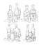 Bottle and glass whiskey, champagne, rum, tequila, beer, liquor, wine, vodka together in hand drawn style. Beverage outline icon.