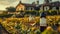 Bottle And Glass Of White Wine Set Against The Golden Hour Sunlight In A Vineyard