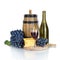 Bottle, glass of wine, ripe grapes and cheese isolated on white