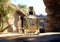 Bottle of golden tequila in mexican village backgroun.Macro.AI Generative