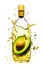 bottle of green avocado oil and avocado fruit, liquid spilling through glass and oil splashes all around. fresh healthy food