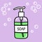 A bottle of green liquid soap with a dispenser on a lilac background, soap bubbles