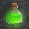 Bottle with green potion. Game icon of magic elixir. Bright design for app user interface. Shrinking, poison, augury