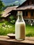 Bottle of homemade village milk against the backdrop of the village. AI