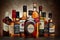 Bottle of  Lauder`s blended scotch whisky on background of other popular brands of whiskey whisky