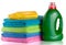 bottle laundry detergent and conditioner with towels isolated on