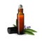 Bottle of lavender sage essential oil, green leaves and flowers on white background