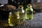 Bottle of linseed oil and linseeds in bowl.