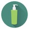 Bottle of liquid soap or body cream. Foam for a bath. On a circular green background with a shadow. Flat style, icon.