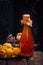 Bottle liquor wooden table ingredients tincture fruit quince