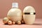 A bottle of lotion next to some gold balls. Generative AI image. Winter cosmetic product presentation.