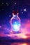 Bottle of magic potion glowing in darkness with mystery night starry sky on background.