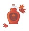 A bottle of maple syrup. sweet syrup for pancakes. Canadian cuisine. Maple Leaf. red and orange colors