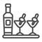 Bottle of Martini, two glasses, olives on toothpick line icon, bar concept, cocktail vector sign on white background