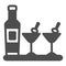 Bottle of Martini, two glasses, olives on toothpick solid icon, bar concept, cocktail vector sign on white background