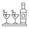 Bottle of Martini, two glasses, olives on toothpick thin line icon, bar concept, cocktail vector sign on white