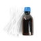 Bottle of medical iodine and cotton buds on white background, top view