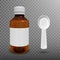 Bottle with medical syrup and measuring plastic spoon on transparent background