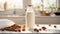 Bottle with milk, almonds on old background tasty kitchen refreshment raw delicious