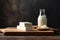 Bottle of milk and block of cheese on wooden table. Generative AI