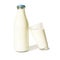Bottle Of Milk With Blue Lid And Milk Glass - On White Background