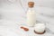 A bottle of milk and glass of yogurt, kefir, fermented milk, Probiotic cold fermented dairy drink. top view