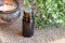 A bottle of mountain savory essential oil with fresh blooming Sa