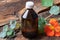 A bottle of nasturtium tincture with fresh Tropaeolum majus leaves and flowers